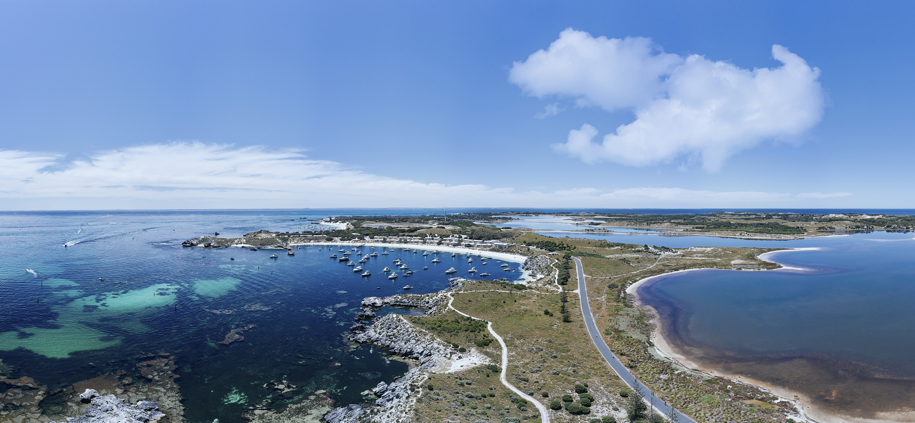 Aerial view of Geordie Bay and salt lakes