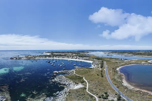 Aerial view of Geordie Bay and salt lakes